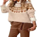 Women's stylish crewneck colorblock loose knit pullover sweater casual long sleeve top - 9328 Dark Apricot