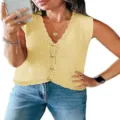 Women summer casual sleeveless V-neck knitted cardigan vest loose crochet tank top. - Yellow