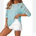 Women hollow crochet knit short sleeve top summer casual beach cover up blue shirt - S / Sky Blue