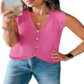 Chic Women Pink V-Neck Sleeveless Knit Vest Casual Button Summer Tank Top - Rose Red