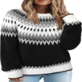 Women Colorblock Crewneck Long Sleeve Knit Sweater Casual Loose Pullover Top Fashion - 9329 Black