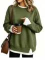 Faux two-piece olive green sweatshirt for women, long sleeve casual pullover top. - Army Green