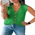 Women Green Sleeveless V-Neck Knitted Button-Down Vest Summer Casual Crop Tank Top Style - Green