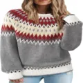 Women's Round Neck Colorblock Fair Isle Knit Sweater Casual Long Sleeve Pullover Top - 9329 Gray