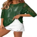 Women Green Crochet Hollow Out Knit Top Half Sleeve Summer Beach Cover Up Casual Sweater - Dark Green