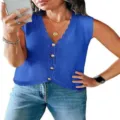 Summer women's sleeveless V-neck knit vest button front casual blue knitted tank top - Blue