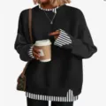 Women's black fake two-piece knit sweater casual striped loose long sleeve pullover top - Black Stripe