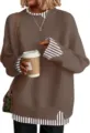 Brown fake two-piece striped knit sweater, loose pullover top for women daily casual wear. - Khaki Striped