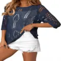 Women Dark Blue Crochet Hollow Knit Top Half Sleeve Casual Summer Beach Cover-Up Top - Dark Blue