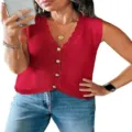 Women's Sleeveless V-Neck Knit Sweater Vest Casual Button Down Crochet Summer Top - Red