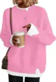 Women casual pink layered knit sweater long sleeve crewneck oversized pullover top for autumn. - Barbie Pink