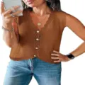 Women sleeveless v-neck crochet sweater vest casual button down knit top brown color - Caramel color