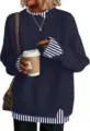Casual Fake Two-Piece Knit Sweater Women Striped Collar Long Sleeve Pullover Top - Royal Blue Stripe