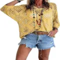 Women V-Neck Hollow Batwing Sleeve Knitted Sweater Casual Summer Beach Cover Up Tops - 3XL / Tops / Yellow