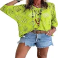Women neon green V-neck hollow batwing sleeve knit sweater cover-up spring summer casual top - 3XL / Tops / Fluorescent Green