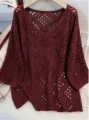Burgundy V-Neck Hollow Out Batwing Sleeve Knit Sweater Variant, stylish casual wear for women. - 3XL / Tops / Fuschia