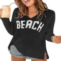 Femme Col V Manches Longues Pull en Tricot Casual Printemps Été Lettre Pull-over - Noir