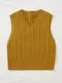 Detail view of mustard yellow V-neck cable knit sweater vest, sleeveless pullover top. - 3XL / Turmeric