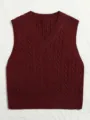 Burgundy V-neck cable knit sweater vest, sleeveless pullover top for women, classic winter fashion. - 3XL / Burgundy