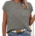 Women gray short sleeve grid knitted top casual commuter crewneck summer fashion shirt - S / Gray