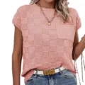 Pink checkered knit short-sleeve top for women, featuring a classic crewneck and chest pocket. - S / Pink