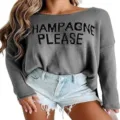 Women casual crewneck knit sweater with letter knit design, comfortable long sleeve pullover top. - S / Gray