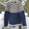 Cozy colorblocked crewneck long sleeve knit sweater featuring traditional Nordic geometric patterns. - S / Tops / 9123-Blue