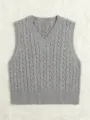 Grey V-neck knit sweater vest for women, sleeveless casual pullover top for daily wear. - Gray