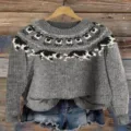 Grey crewneck knit sweater for women, cute sheep pattern long sleeve pullover top. - S / Tops / Gray