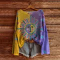 Casual women's colorblock knit sweater with sun moon face graphic print, loose long sleeve top. - S / Color 833