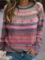 Close-up detail of the colorful knit pattern, round neckline and ribbed cuff of the cozy sweater. - S / Tops / 9127-Red Floral
