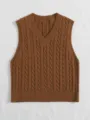 Women brown cable knit V-neck sweater vest sleeveless casual pullover top knitwear - Brown