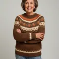 Women's crew neck color-block loose pullover knit sweater with classic fair isle pattern - Brown