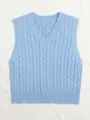 Sky blue V-neck cable knit sweater vest, classic sleeveless casual pullover top for women. - Sky Blue