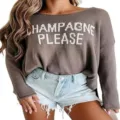 Stylish women brown crewneck long sleeve knit pullover sweater with letter pattern. - S / Khaki