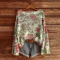 Vintage Floral Print Long Sleeve Knitted Sweater Casual Women's Pullover Top with Shorts - S / Tops / Color 837