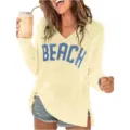 Pull Tricot Léger Femme Col V Imprimé Lettres Casual Manches Longues Haut Mode - Jaune