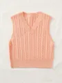 Womens pink V-neck cable knit sweater vest, casual elegant sleeveless pullover top. - Champagne