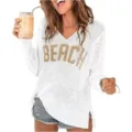 Pull en tricot blanc à col V pour femmes avec imprimé lettres de plage, haut décontracté léger. - Blanc