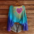 Gradient tie-dye knit sweater for women, long sleeve loose pullover with heart print. - S / Tops / Style 838