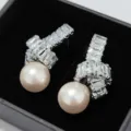 Boucles d'oreilles nœud zircon perle style français luxe étincelantes pendantes chic - Argent