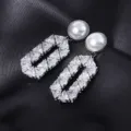Élégantes boucles d'oreilles pendantes perle zircone géométrique mode femme bureau - Argent