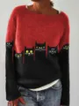 Women color-block knit sweater with cute black cat pattern, crew neck casual pullover top. - 3XL / Tops / Red