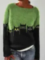 Women's color block crew neck long sleeve knit sweater casual loose pullover top with cute cats - 3XL / Tops / Green