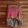 Women's vintage floral printed loose long sleeve knitted sweater casual pullover top - S / Tops / Color 843