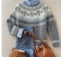 Women's crewneck colorblock loose knitted sweater with Nordic pattern and layered shirt. - 3XL / Tops / 9287