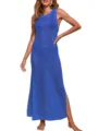 Blue hollow-out knit long beach cover-up sleeveless summer maxi dress for stylish women. - Sapphire Blue