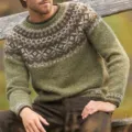 Men's Nordic fair isle pattern knit sweater olive green long sleeve casual pullover top - 3XL / Tops / Olive Green