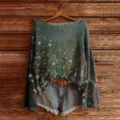 Dark green loose long sleeve knit sweater with colorful floral digital print for women. - S / Color 847