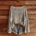 Casual floral print loose long sleeve knitted sweater paired with denim shorts for women. - S / Tops / Color 849
